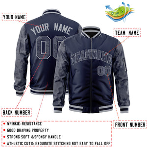 Custom Navy Varsity Full-Zip Camo Raglan Sleeves Letterman Bomber Jacket