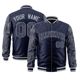 Custom Navy Varsity Full-Zip Camo Raglan Sleeves Letterman Bomber Jacket