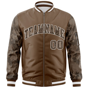 Custom Brown Varsity Full-Zip Camo Raglan Sleeves Letterman Bomber Jacket