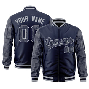 Custom Navy Varsity Full-Zip Camo Raglan Sleeves Letterman Bomber Jacket