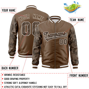 Custom Brown Varsity Full-Zip Camo Raglan Sleeves Letterman Bomber Jacket