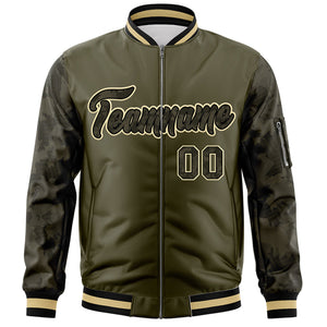 Custom Olive Varsity Full-Zip Camo Raglan Sleeves Letterman Bomber Jacket