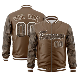 Custom Brown Varsity Full-Zip Camo Raglan Sleeves Letterman Bomber Jacket