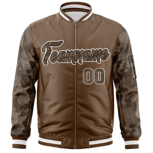 Custom Brown Varsity Full-Zip Camo Raglan Sleeves Letterman Bomber Jacket