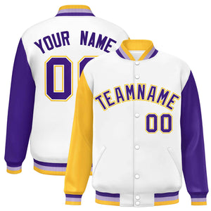 Custom White Gold-Purple Varsity Full-Snap Raglan Sleeves Letterman Baseball Jacket