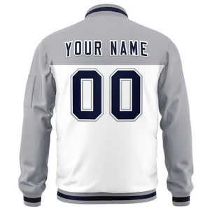 Custom Gray White Varsity Full-Zip Color Block Letterman Bomber Jacket