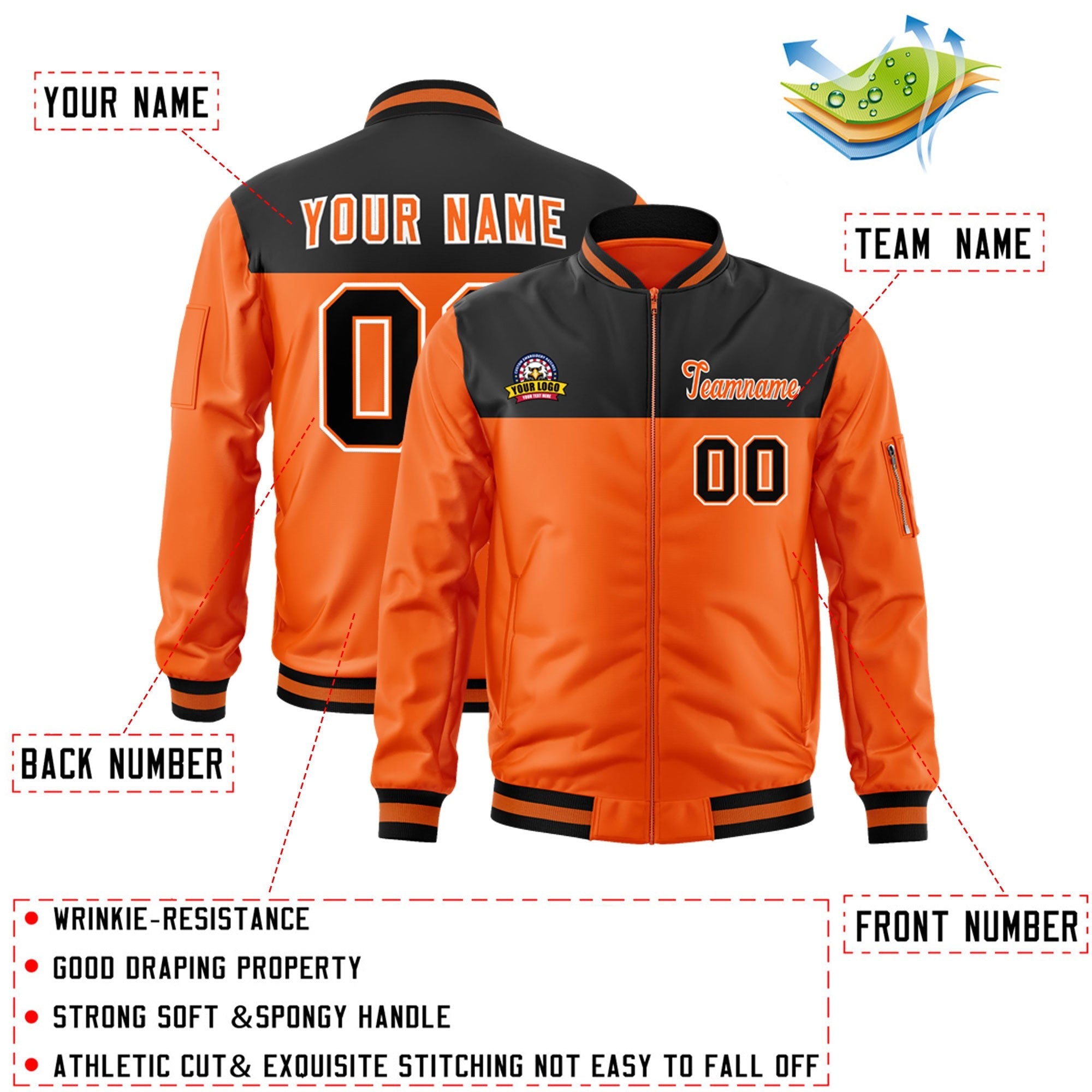 Custom Black Orange Varsity Full-Zip Color Block Letterman Bomber Jacket
