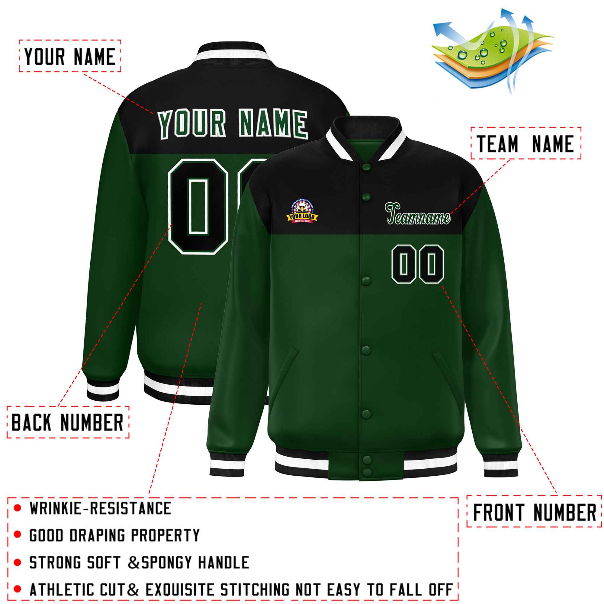 Custom Black Green-White Varsity Full-Snap Color Block Lettermen Baseball Jacket