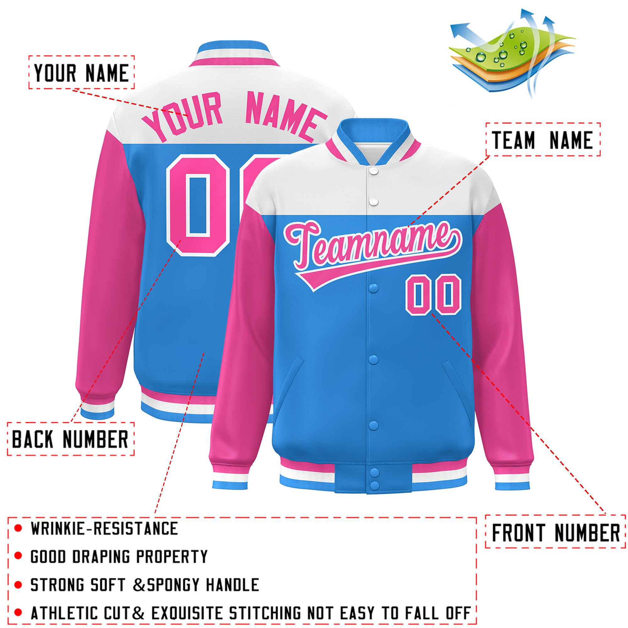 Custom White Powder Blue-Pink Letterman Color Block Varsity Full-Snap Baseball Jacket