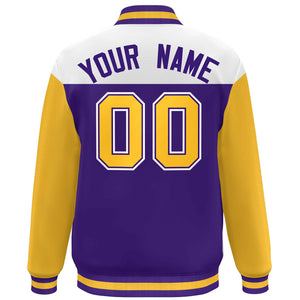 Custom White Purple-Gold Letterman Color Block Varsity Full-Snap Baseball Jacket