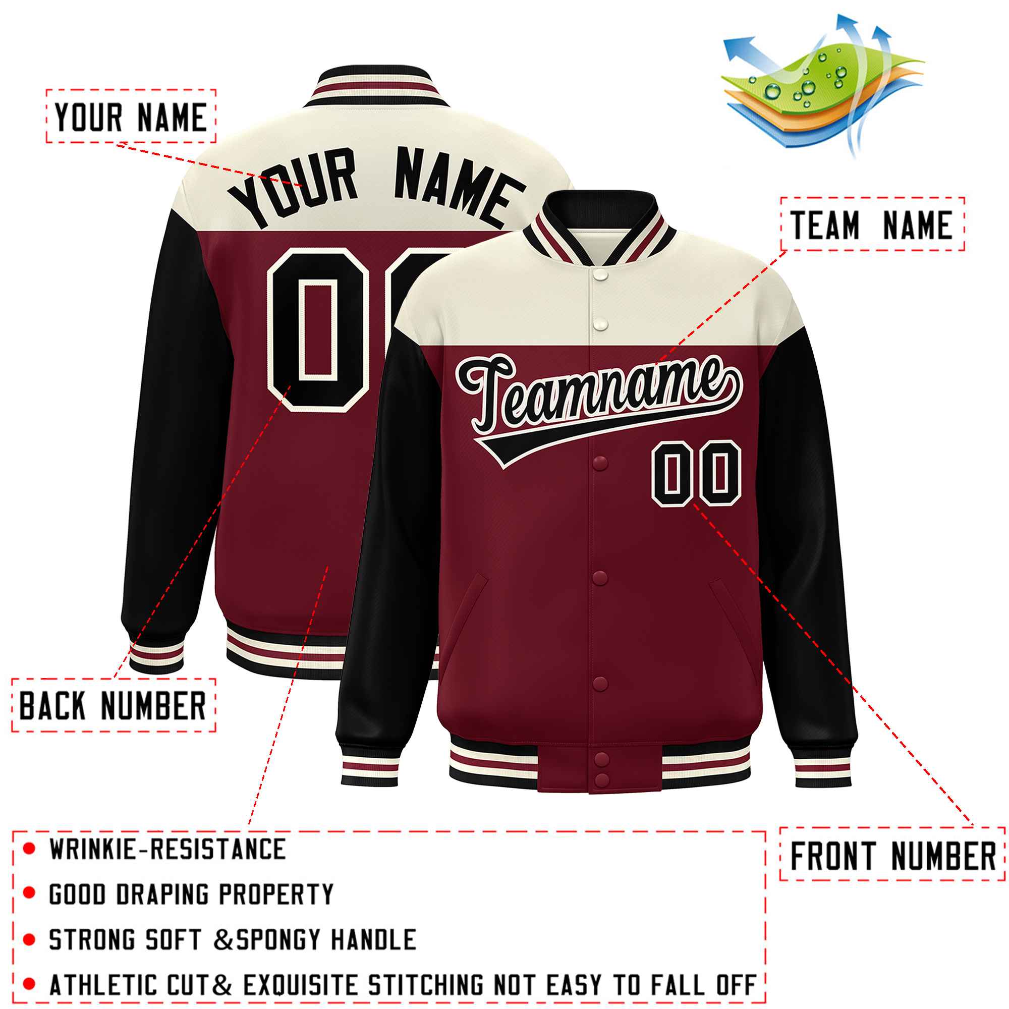 Custom Cream Crimson-Black Letterman Color Block Varsity Full-Snap Baseball Jacket