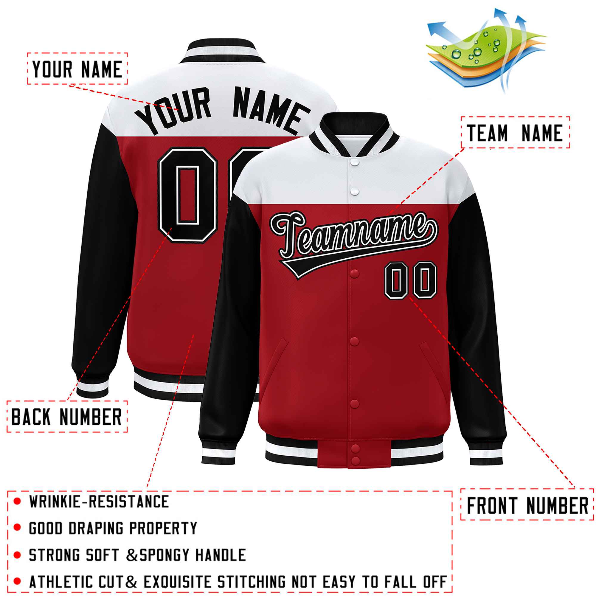 Custom White Red-Black Letterman Color Block Varsity Full-Snap Baseball Jacket