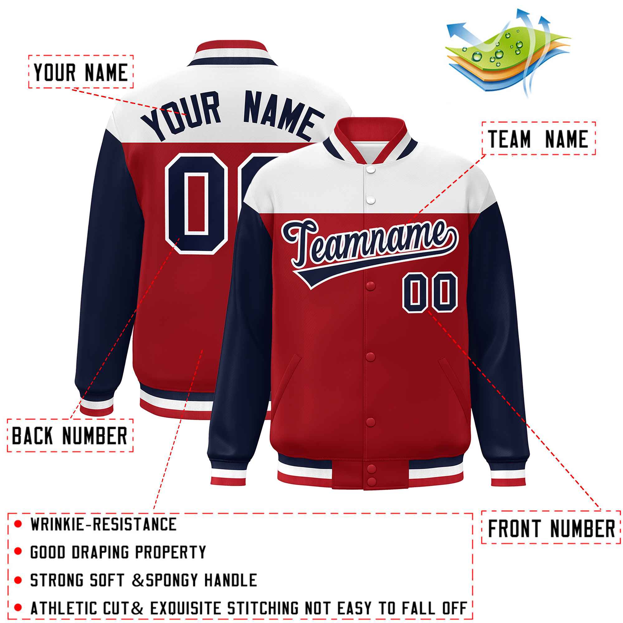 Custom White Red-Navy Letterman Color Block Varsity Full-Snap Baseball Jacket