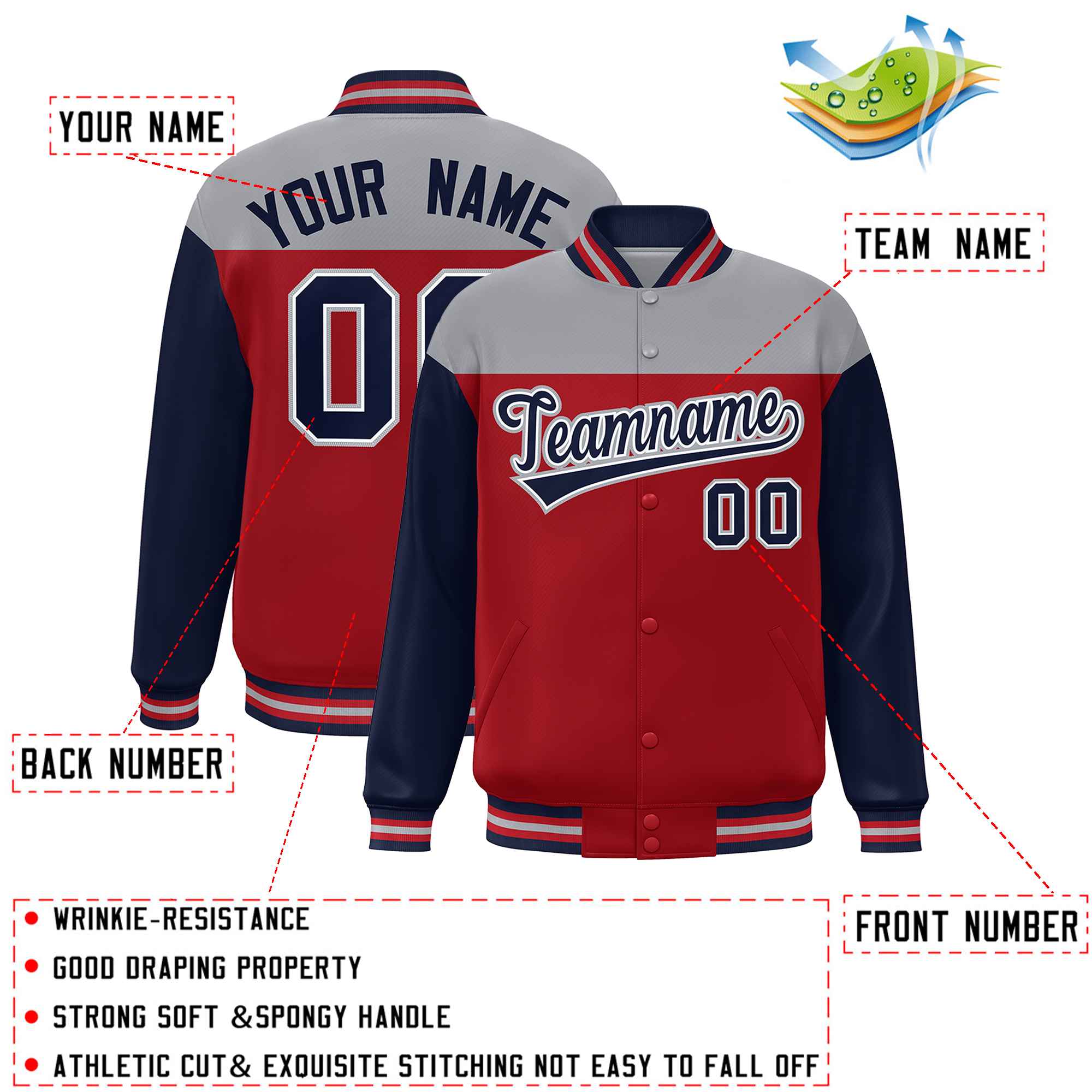 Custom Gray Red-Navy Letterman Color Block Varsity Full-Snap Baseball Jacket