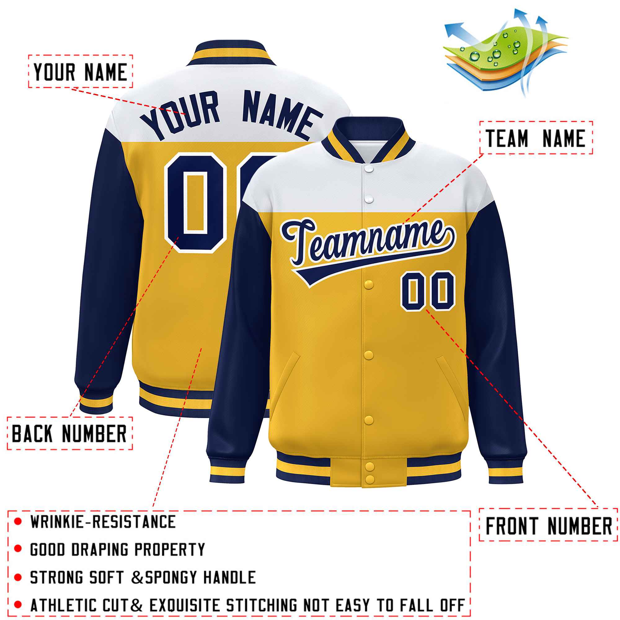 Custom White Gold-Navy Letterman Color Block Varsity Full-Snap Baseball Jacket