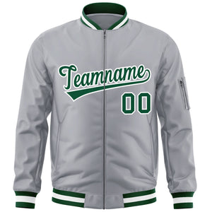 Custom Gray Green-White Varsity Full-Zip Letterman Bomber Jacket