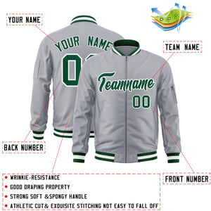 Custom Gray Green-White Varsity Full-Zip Letterman Bomber Jacket