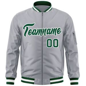 Custom Gray Green-White Varsity Full-Zip Letterman Bomber Jacket