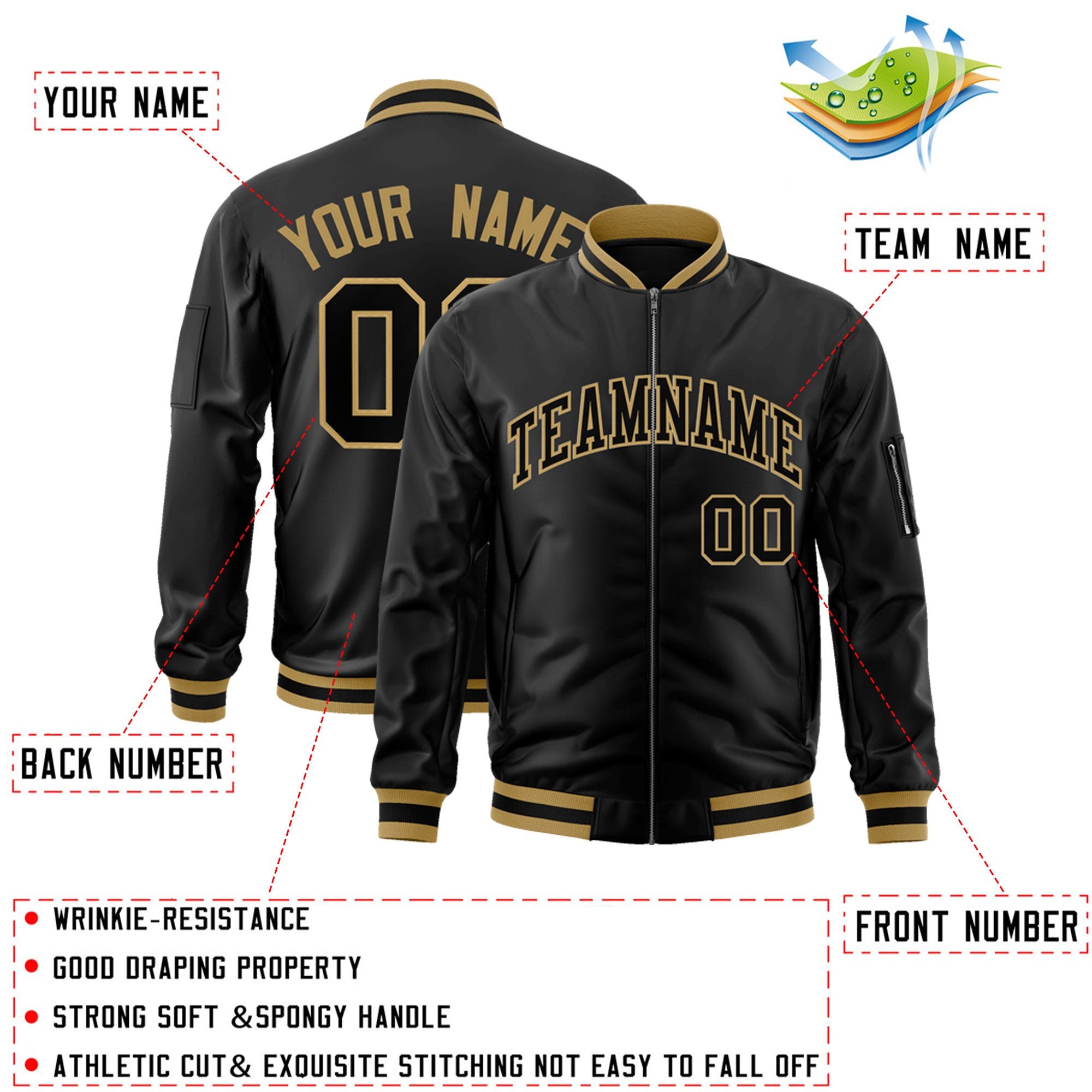 Custom Black Black-Old Gold Varsity Full-Zip Letterman Bomber Jacket