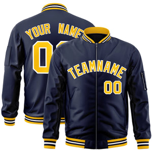 Custom Navy Gold-White Varsity Full-Zip Letterman Bomber Jacket