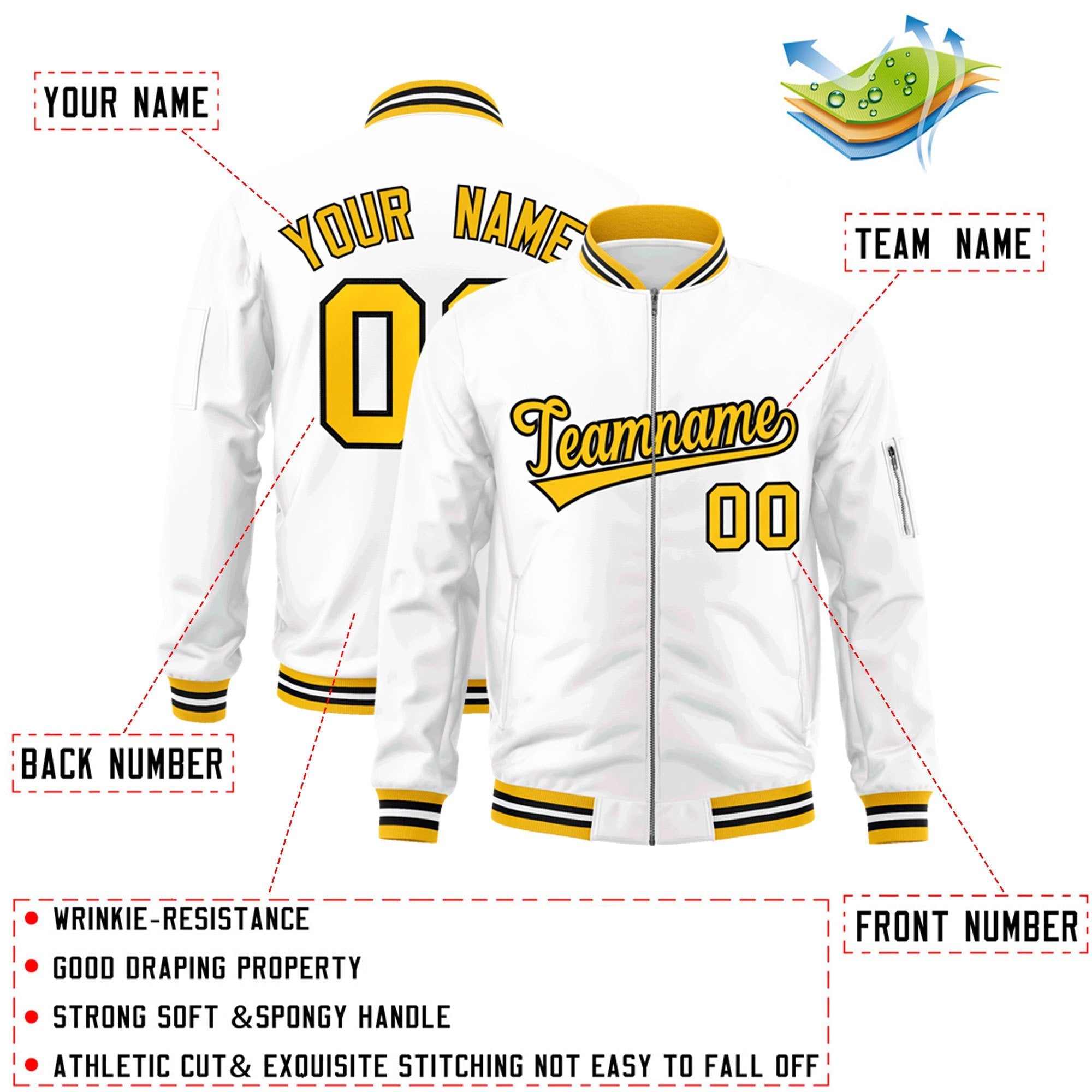 Custom White Yellow-Black Varsity Full-Zip Letterman Bomber Jacket