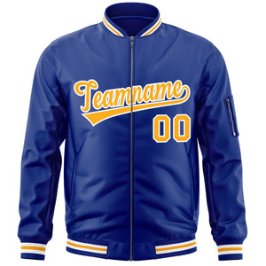 Custom Royal Gold-White Varsity Full-Zip Letterman Bomber Jacket