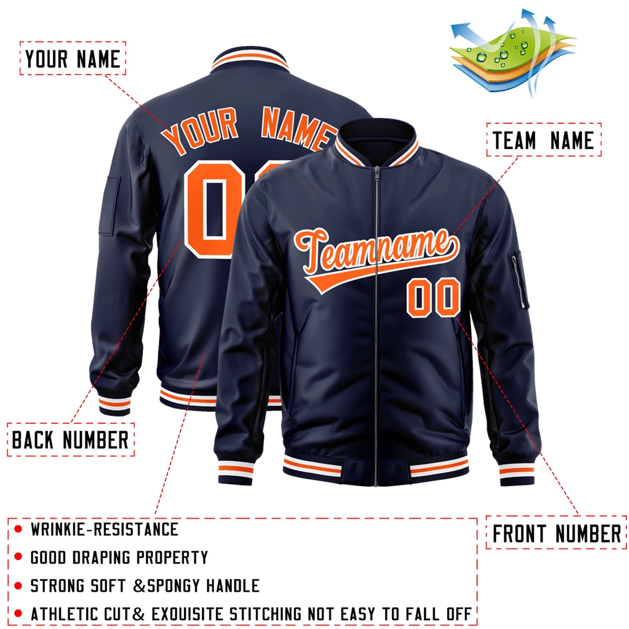 Custom Navy Orange-White Varsity Full-Zip Letterman Bomber Jacket