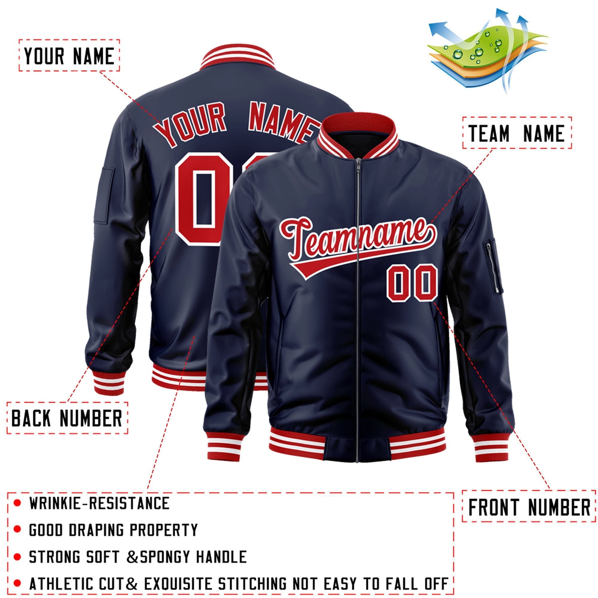 Custom Navy Red-White Varsity Full-Zip Letterman Bomber Jacket