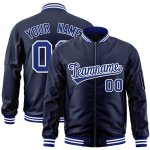 Custom Navy Royal-White Varsity Full-Zip Letterman Bomber Jacket