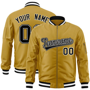 Custom Old Gold Black-White Varsity Full-Zip Letterman Bomber Jacket