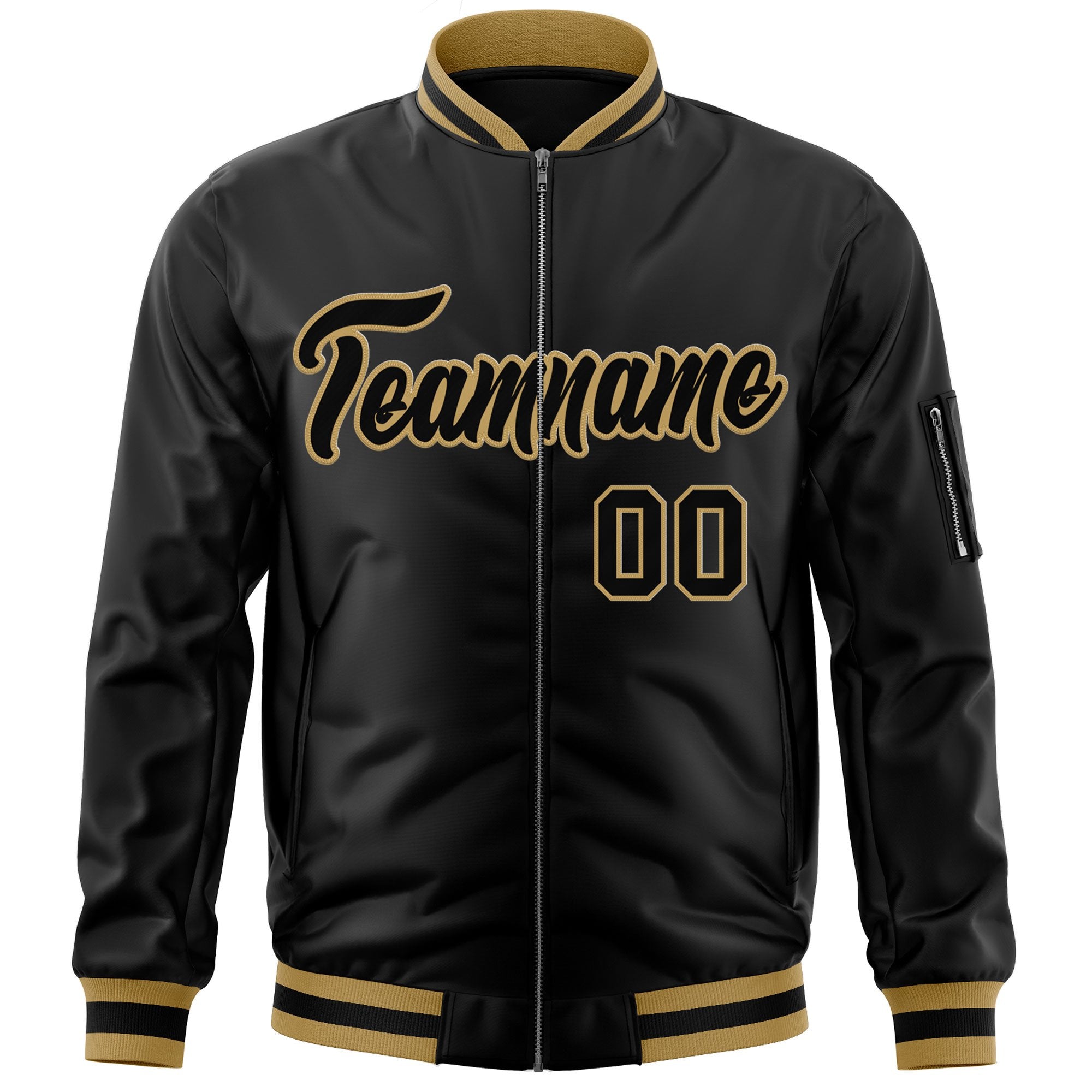 Custom Black Black-Old Gold Varsity Full-Zip Letterman Bomber Jacket