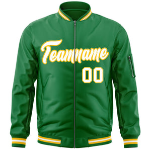 Custom Kelly Green White-Gold Varsity Full-Zip Letterman Bomber Jacket