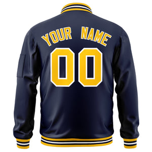 Custom Navy Gold-White Varsity Full-Zip Letterman Bomber Jacket