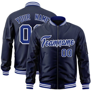 Custom Navy Royal-White Varsity Full-Zip Letterman Bomber Jacket