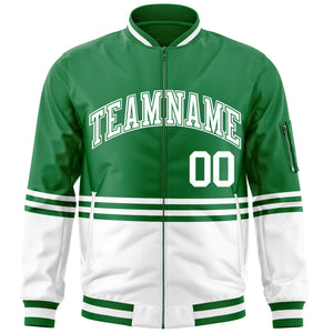 Custom Kelly Green White Varsity Full-Zip Color Block Letterman Bomber Jacket