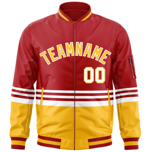 Custom Red Gold-White Varsity Full-Zip Color Block Letterman Bomber Jacket