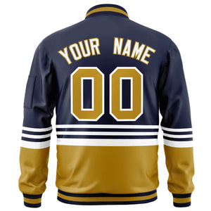 Custom Navy Old Gold-White Varsity Full-Zip Color Block Letterman Bomber Jacket