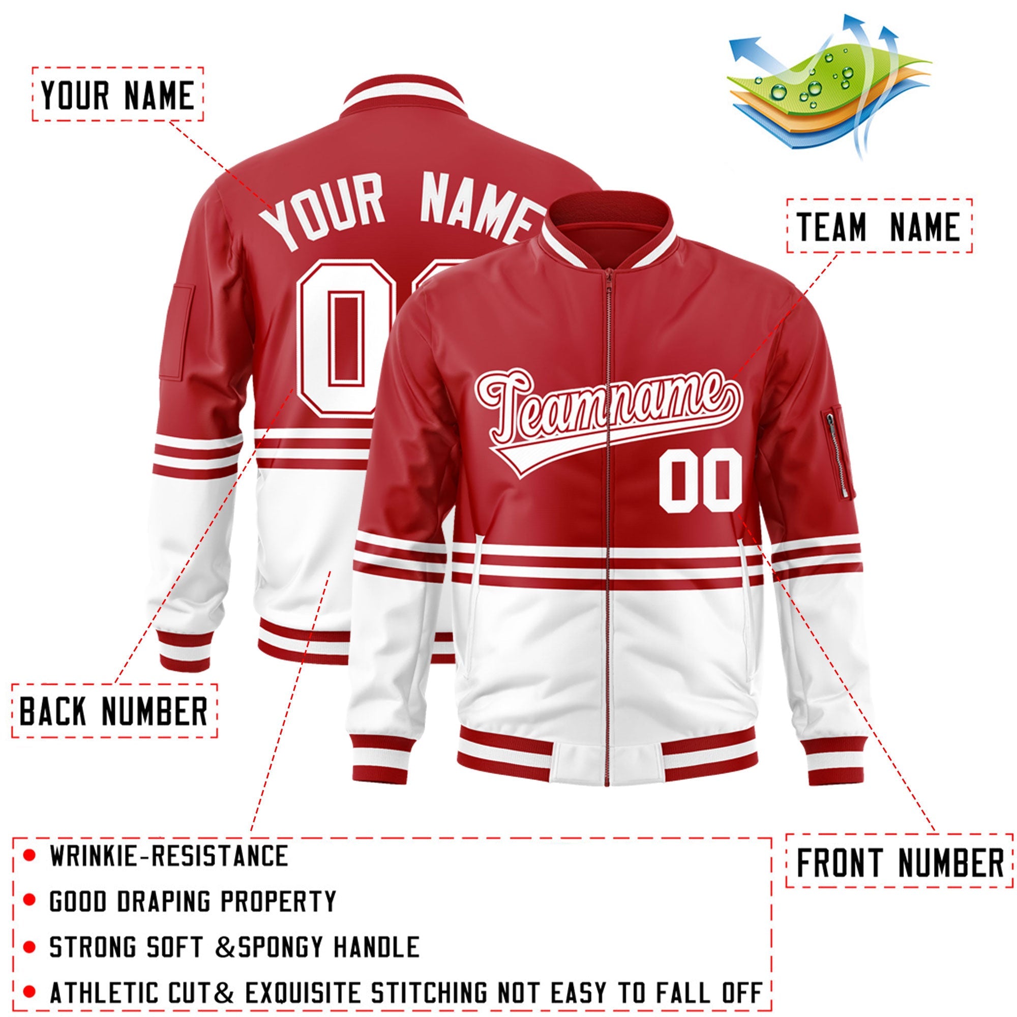 Custom Red White-Red Varsity Full-Zip Color Block Letterman Bomber Jacket