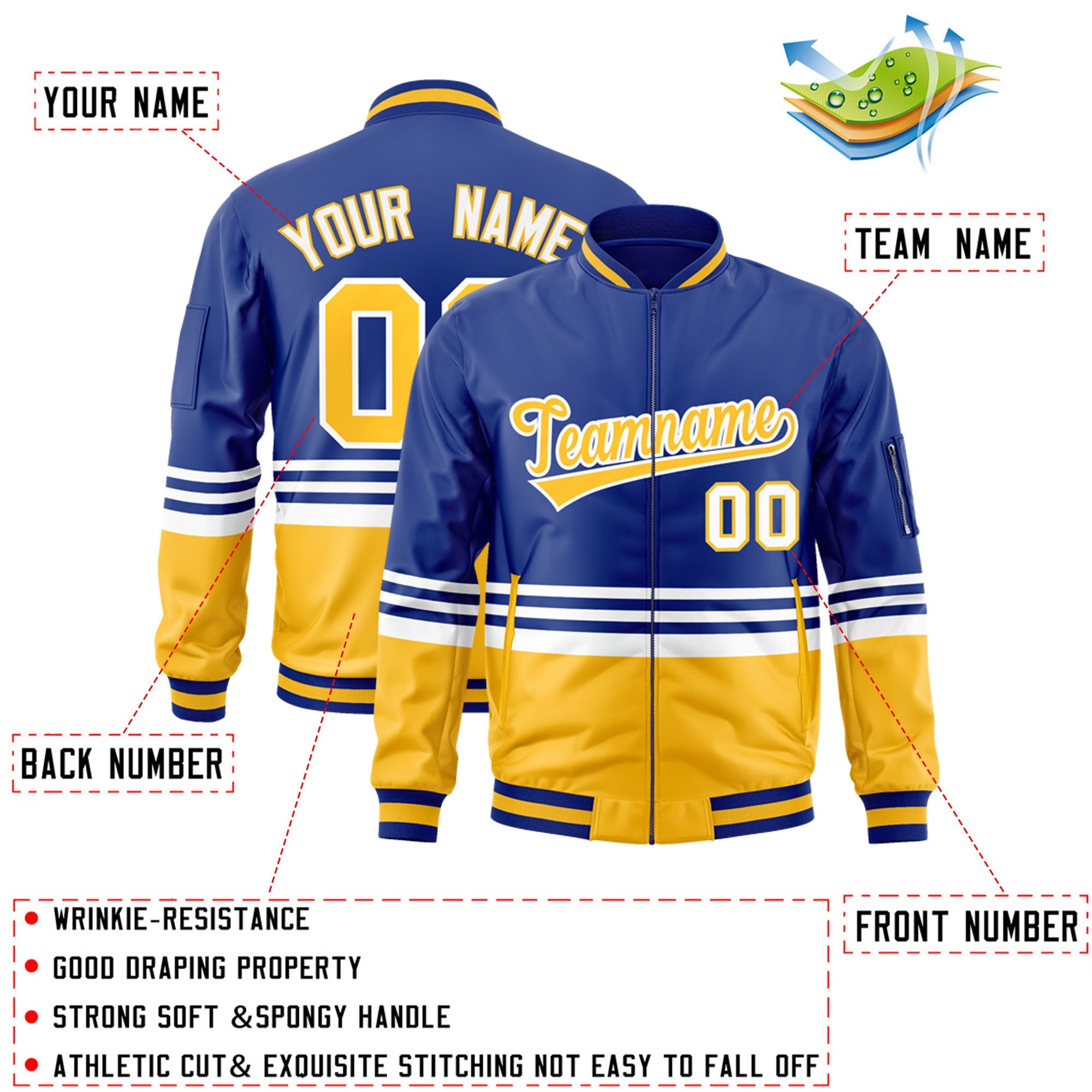 Custom Royal Gold-White Varsity Full-Zip Color Block Letterman Bomber Jacket