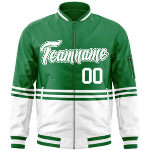 Custom Kelly Green White Varsity Full-Zip Color Block Letterman Bomber Jacket