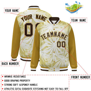 Custom Old Gold Brown-White Maple Leaf Raglan Sleeves Bomber Graffiti Pattern Varsity Jacket