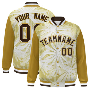 Custom Old Gold Brown-White Maple Leaf Raglan Sleeves Bomber Graffiti Pattern Varsity Jacket