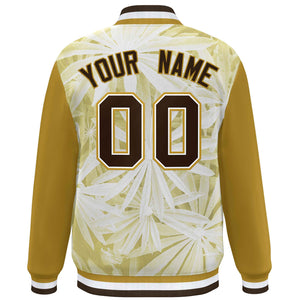 Custom Old Gold Brown-White Maple Leaf Raglan Sleeves Bomber Graffiti Pattern Varsity Jacket