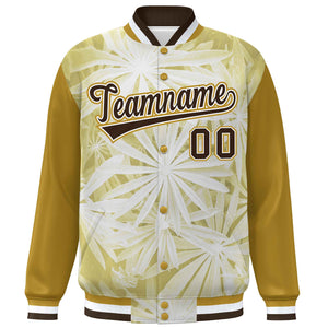 Custom Old Gold Brown-White Maple Leaf Raglan Sleeves Bomber Graffiti Pattern Varsity Jacket