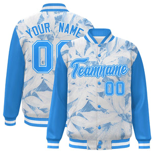 Custom Powder Blue White Maple Leaf Raglan Sleeves Bomber Graffiti Pattern Varsity Jacket