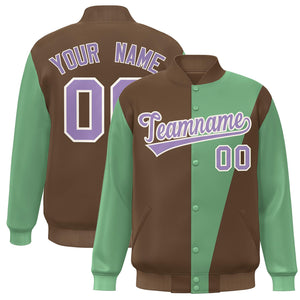 Custom Brown Green-Purple Color Block Varsity Full-Snap Bomber Jacket