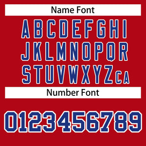 custom red and royal blue varstiy full-snap baseball batting jacket name and number font style