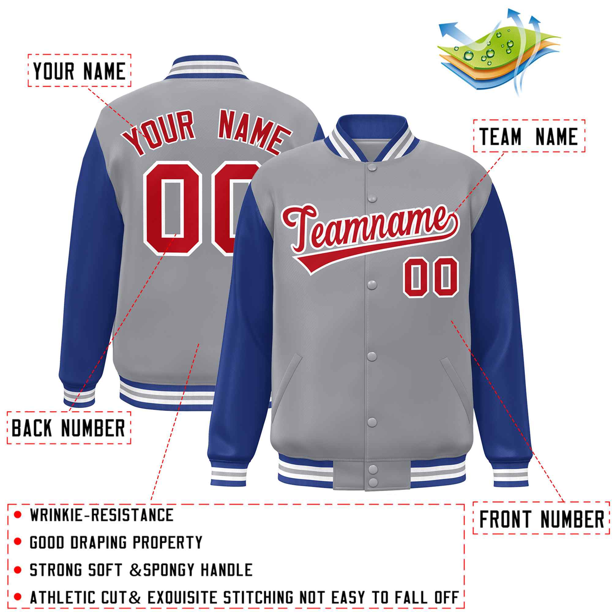 custom grey and royal blue varsity full-snap baseball jacket