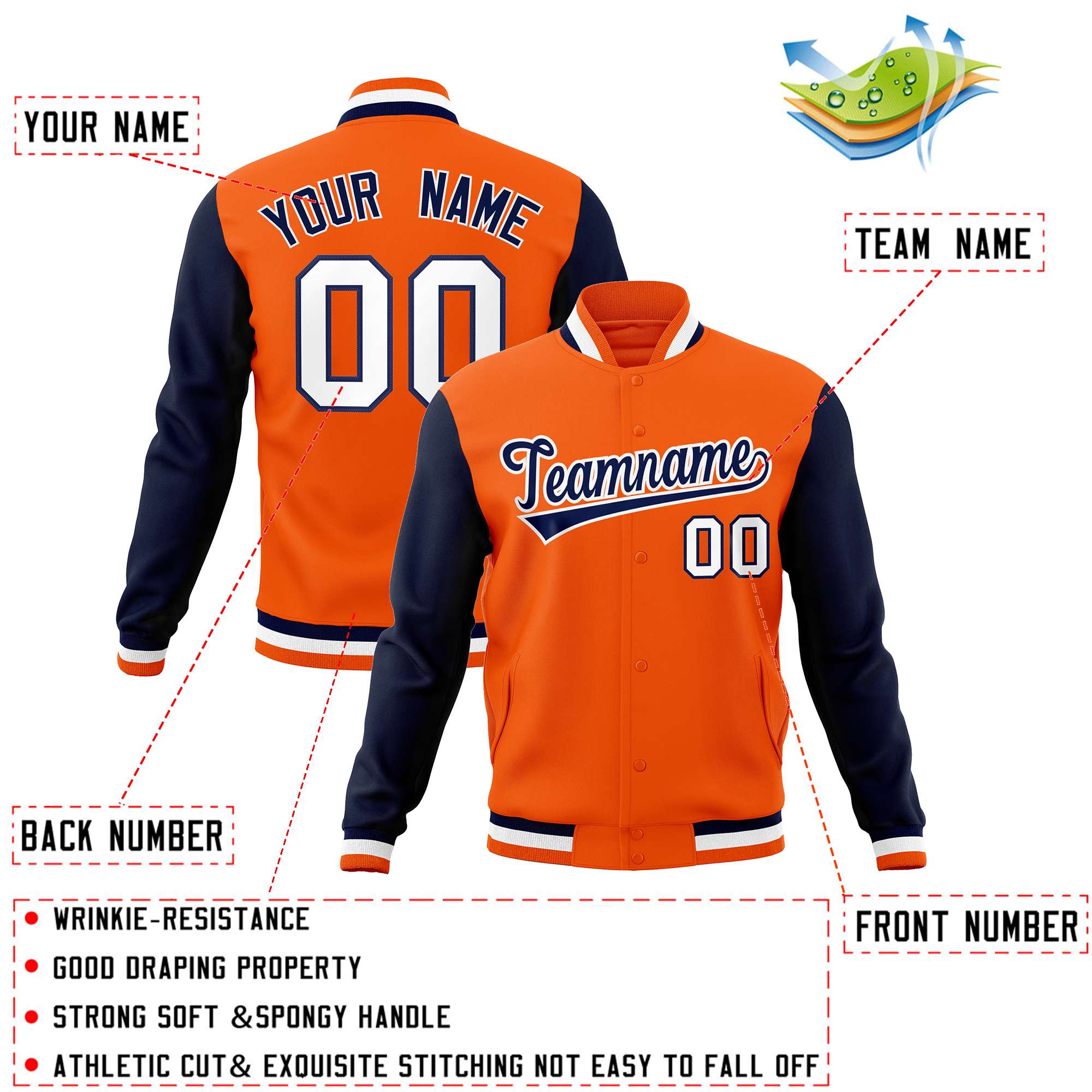 Custom Orange Navy-White Varsity Full-Snap Raglan Sleeves Letterman Baseball Jacket