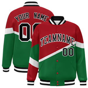 Custom Red Kelly Green Black-White Color Block Bomber Varsity Baseball Jacket